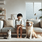 펫테리어 예시 이미지입니다. 바닥은 내출럴 톤 우드플로링이고 밝은 그레이톤의 러그가 깔려있습니다. 밝은 그레이 소파위에 남자아이가 앉아있고 바닥 왼쪽엔 고양이가 오른쪽엔 강아지가 앉아있습니다. 벽은 흰색톤이고 작은 창이 하나 보입니다, 창 밖으로는 흰색 벽돌벽이 있습니다. 거실 왼쪽 뒷편에는 우드 선반장이 있습니다.