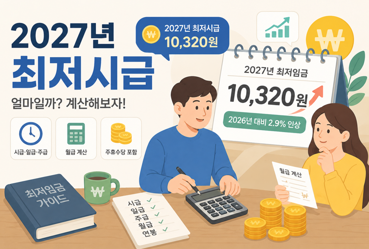 2027년 최저시급은 얼마인지? 2026년 대비 2.9% 인상된 내용을 담고있는 일러스트 입니다. 남자와 여자 두명이 책상에 앉아서 상의하고 있는 모습을 담은 그림입니다.